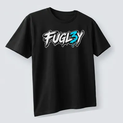 Bold graffiti style FUGL3Y text printed in black, white, and blue. — printed on a unisex t-shirt (angled view)