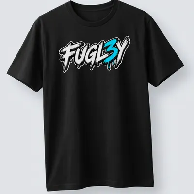 Bold graffiti style FUGL3Y text printed in black, white, and blue.