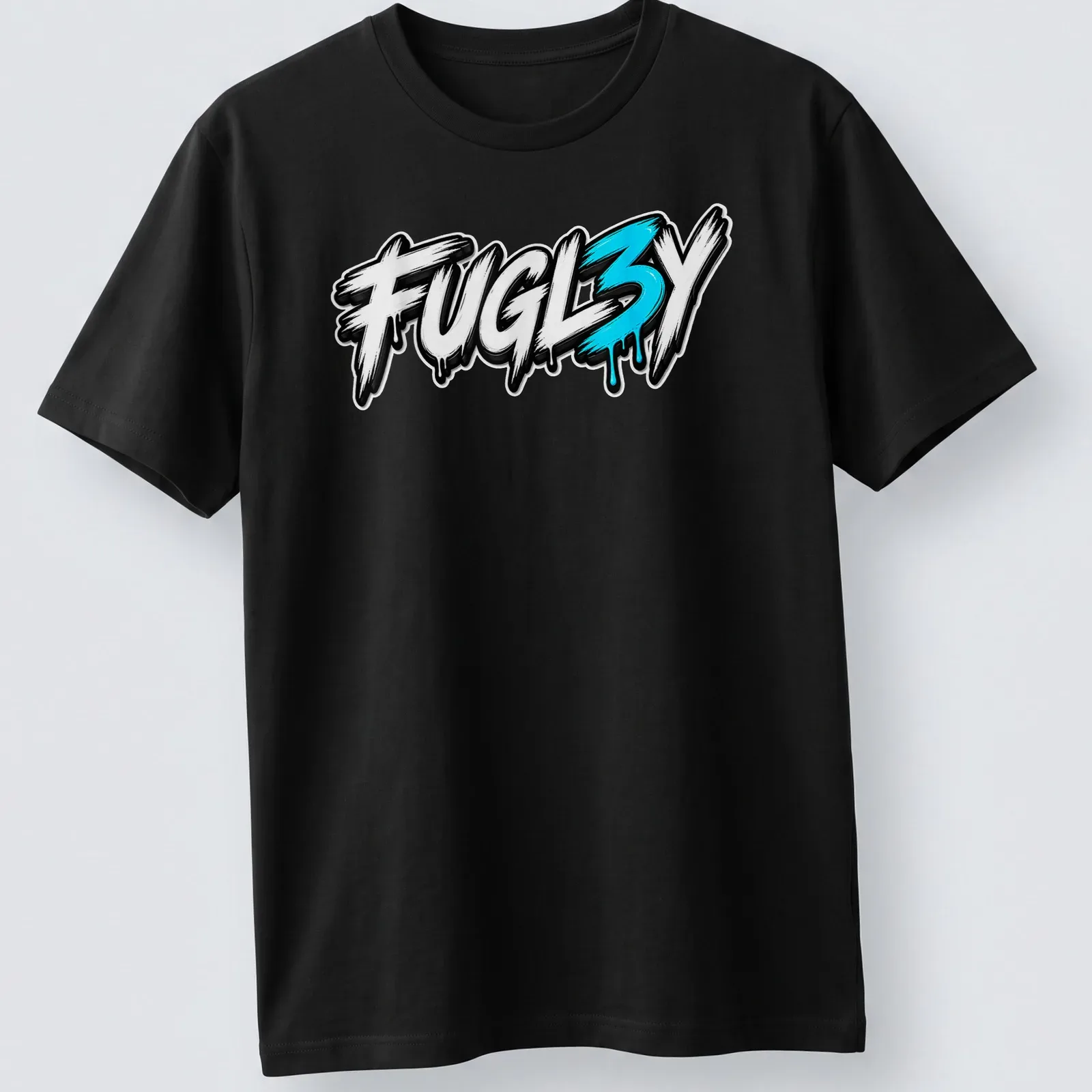 Bold graffiti style FUGL3Y text printed in black, white, and blue. — printed on a unisex t-shirt