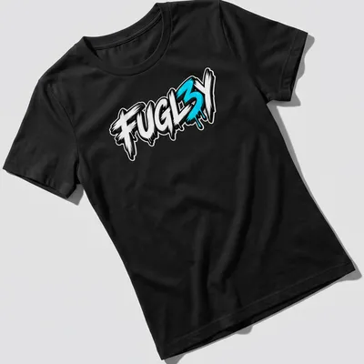 Bold graffiti style FUGL3Y text printed in black, white, and blue. — printed on a women's shirt