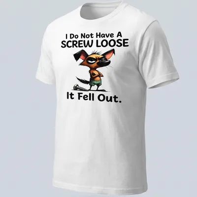 Cartoon dog character with humorous text about a screw loose in brown, black, green, and white.