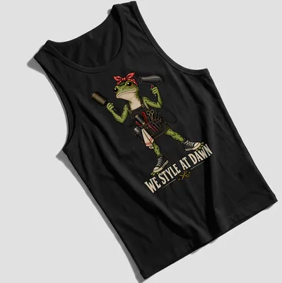 Colorful cartoon frog hair stylist with tools and humorous text — printed on a tank top
