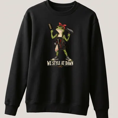 Colorful cartoon frog hair stylist with tools and humorous text — printed on a unisex sweatshirt