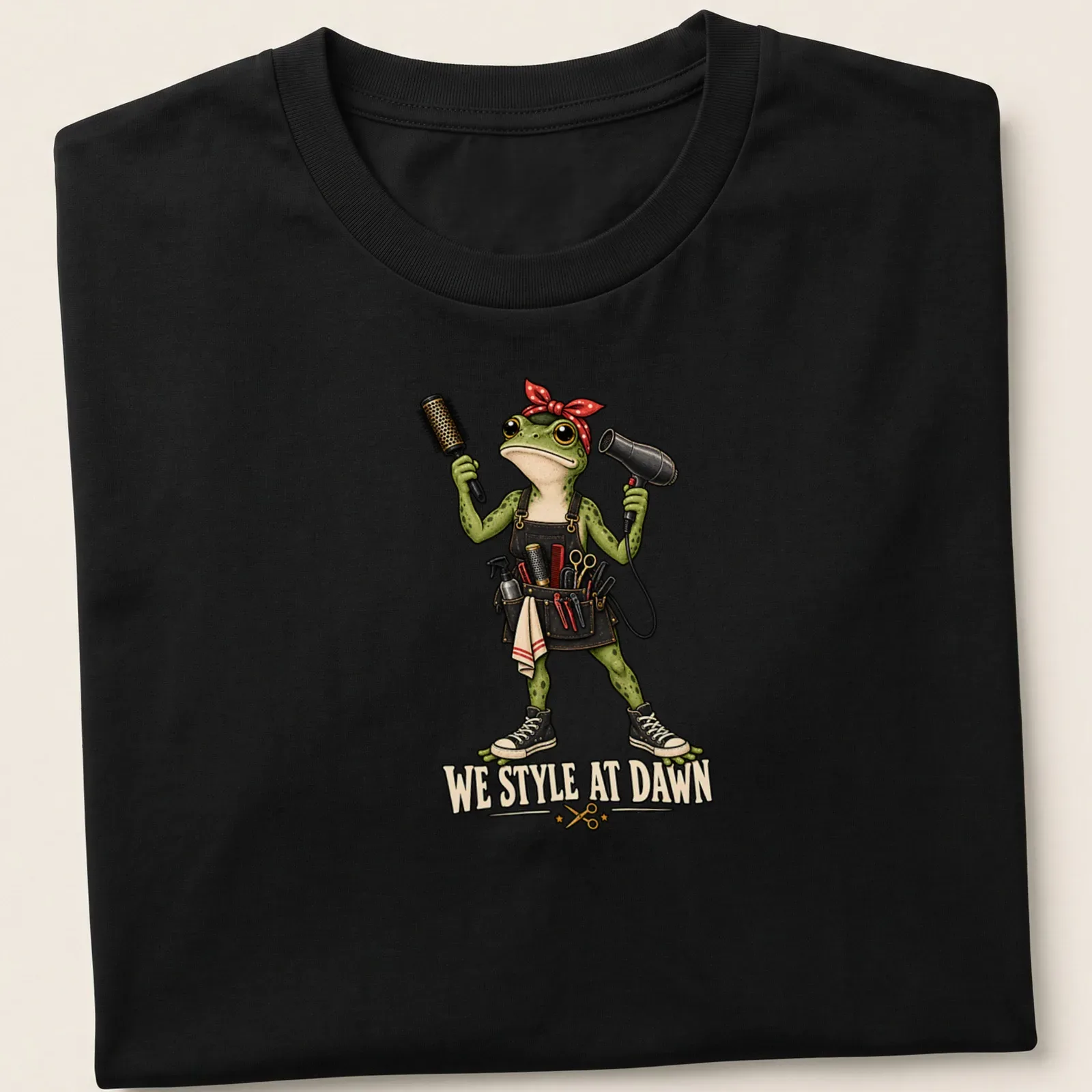 Colorful cartoon frog hair stylist with tools and humorous text — printed on a unisex t-shirt