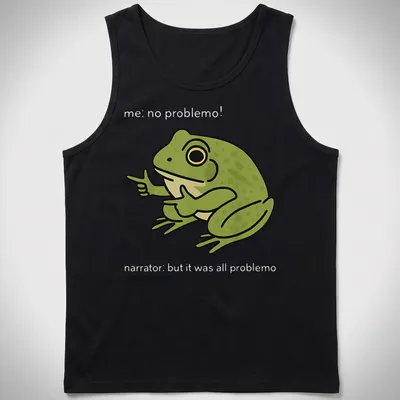 Cartoon frog meme t-shirt with the text 'me, no problemo!' underneath — printed on a tank top