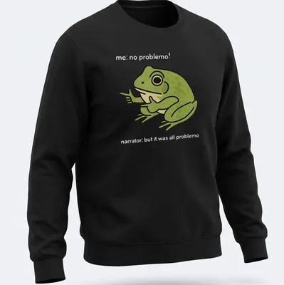 Cartoon frog meme t-shirt with the text 'me, no problemo!' underneath — printed on a unisex sweatshirt
