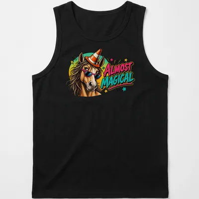 Cartoon horse wearing sunglasses and a party hat with the phrase Almost Magical — printed on a tank top