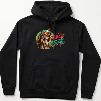 Cartoon horse wearing sunglasses and a party hat with the phrase Almost Magical — printed on a unisex hoodie