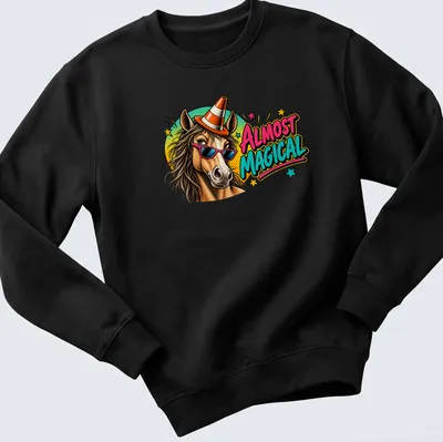 Cartoon horse wearing sunglasses and a party hat with the phrase Almost Magical — printed on a unisex sweatshirt