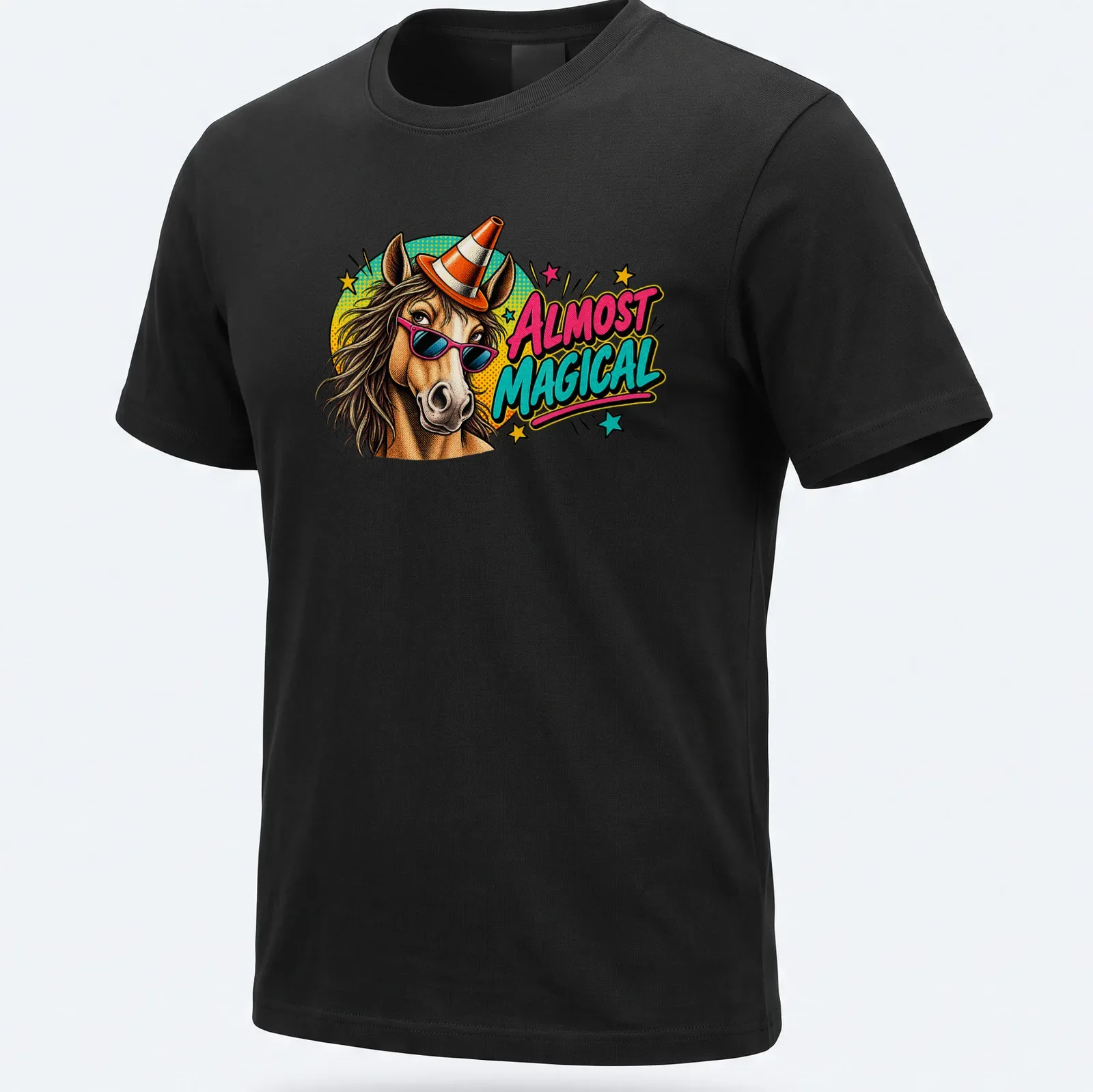 Cartoon horse wearing sunglasses and a party hat with the phrase Almost Magical — printed on a unisex t-shirt