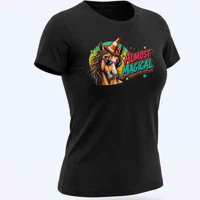 Cartoon horse wearing sunglasses and a party hat with the phrase Almost Magical — printed on a women's shirt