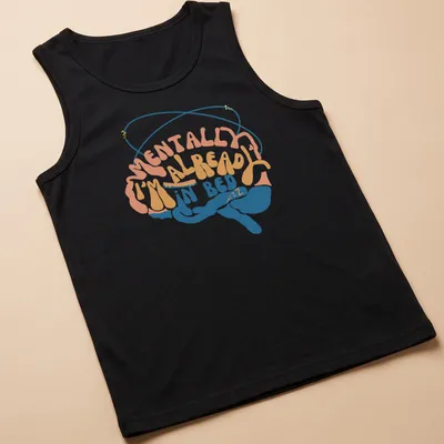 Retro T-shirt with colorful brain design and text about being in bed — printed on a tank top