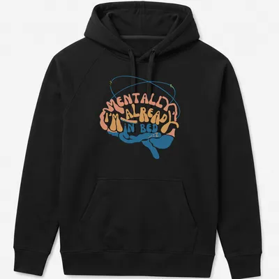 Retro T-shirt with colorful brain design and text about being in bed — printed on a unisex hoodie