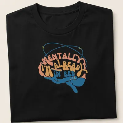 Retro T-shirt with colorful brain design and text about being in bed