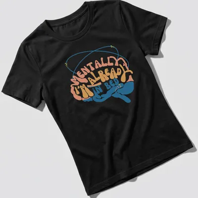 Retro T-shirt with colorful brain design and text about being in bed — printed on a women's shirt