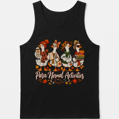 Colorful cartoon shirt with funny pharmacist geese and text about normal activities — printed on a tank top