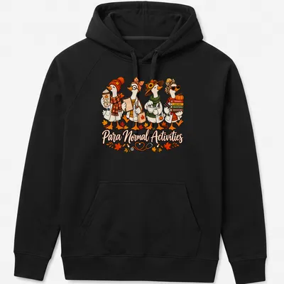 Colorful cartoon shirt with funny pharmacist geese and text about normal activities — printed on a unisex hoodie