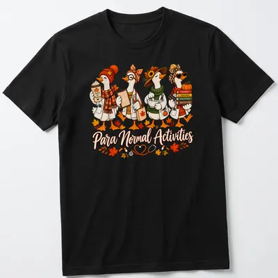 Colorful cartoon shirt with funny pharmacist geese and text about normal activities — printed on a unisex t-shirt
