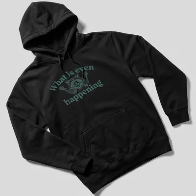 Vintage illustration of a puzzled raccoon with text 'What is even happening' — printed on a unisex hoodie