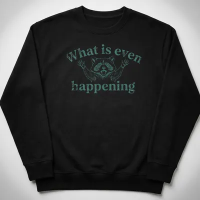 Vintage illustration of a puzzled raccoon with text 'What is even happening' — printed on a unisex sweatshirt