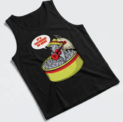 Cartoonish sardine can with guitarist and the text It's Crowded In Here — printed on a tank top