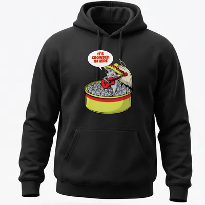 Cartoonish sardine can with guitarist and the text It's Crowded In Here — printed on a unisex hoodie