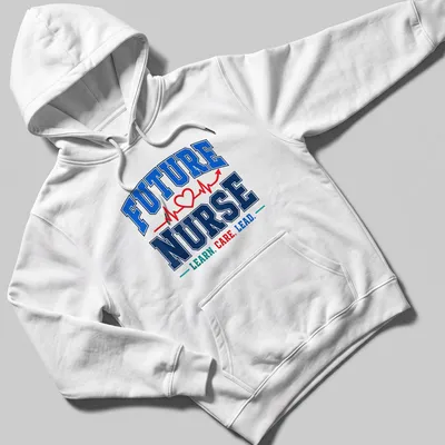 Motivational t-shirt with collegiate text for future nurses in bold typography. — printed on a unisex hoodie