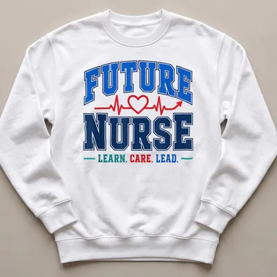 Motivational t-shirt with collegiate text for future nurses in bold typography. — printed on a unisex sweatshirt