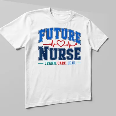 Motivational t-shirt with collegiate text for future nurses in bold typography. — printed on a unisex t-shirt (angled view)