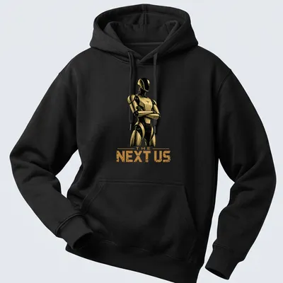 Silhouette of a humanoid robot with the text 'THE NEXT US' in gold on black. — printed on a unisex hoodie