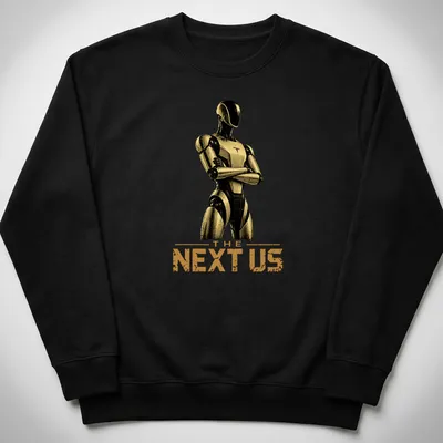 Silhouette of a humanoid robot with the text 'THE NEXT US' in gold on black. — printed on a unisex sweatshirt