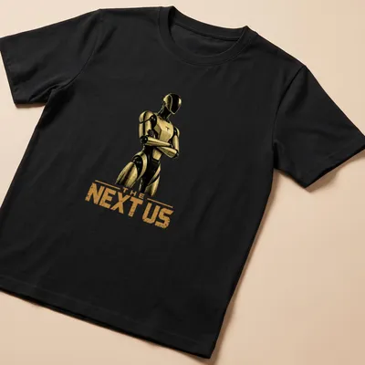 Silhouette of a humanoid robot with the text 'THE NEXT US' in gold on black. — printed on a unisex t-shirt