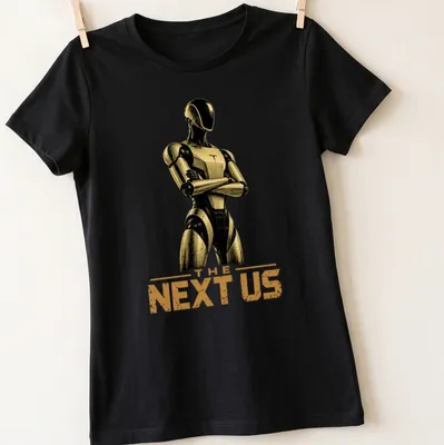 Silhouette of a humanoid robot with the text 'THE NEXT US' in gold on black. — printed on a women's shirt