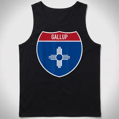 Bold graphic of Gallup highway sign in blue, red, and white — printed on a tank top