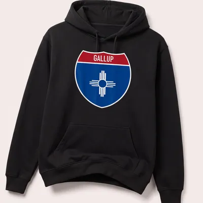 Bold graphic of Gallup highway sign in blue, red, and white — printed on a unisex hoodie