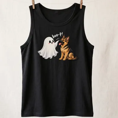Cute cartoon print of a German Shepherd dog with a ghost saying boo-P! — printed on a tank top