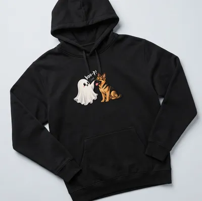Cute cartoon print of a German Shepherd dog with a ghost saying boo-P! — printed on a unisex hoodie