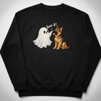 Cute cartoon print of a German Shepherd dog with a ghost saying boo-P! — printed on a unisex sweatshirt