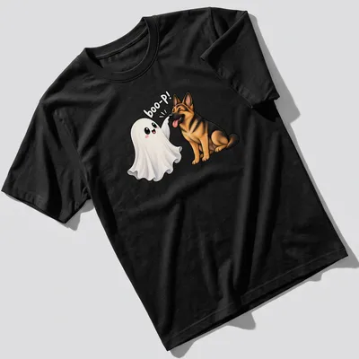 Cute cartoon print of a German Shepherd dog with a ghost saying boo-P! — printed on a unisex t-shirt