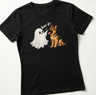 Cute cartoon print of a German Shepherd dog with a ghost saying boo-P! — printed on a women's shirt