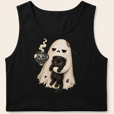 Cute illustration of a ghost holding a black cat and pumpkin coffee in Halloween colors — printed on a tank top