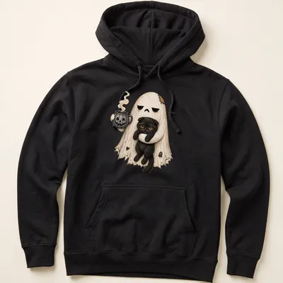 Cute illustration of a ghost holding a black cat and pumpkin coffee in Halloween colors — printed on a unisex hoodie