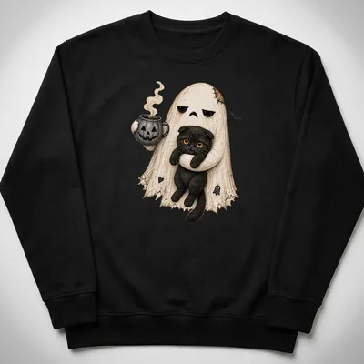Cute illustration of a ghost holding a black cat and pumpkin coffee in Halloween colors — printed on a unisex sweatshirt