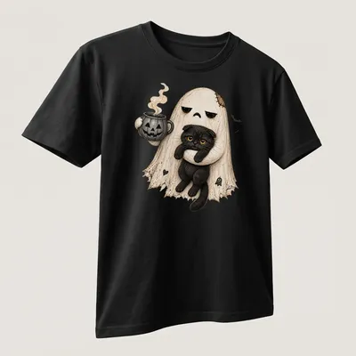 Cute illustration of a ghost holding a black cat and pumpkin coffee in Halloween colors — printed on a unisex t-shirt (angled view)