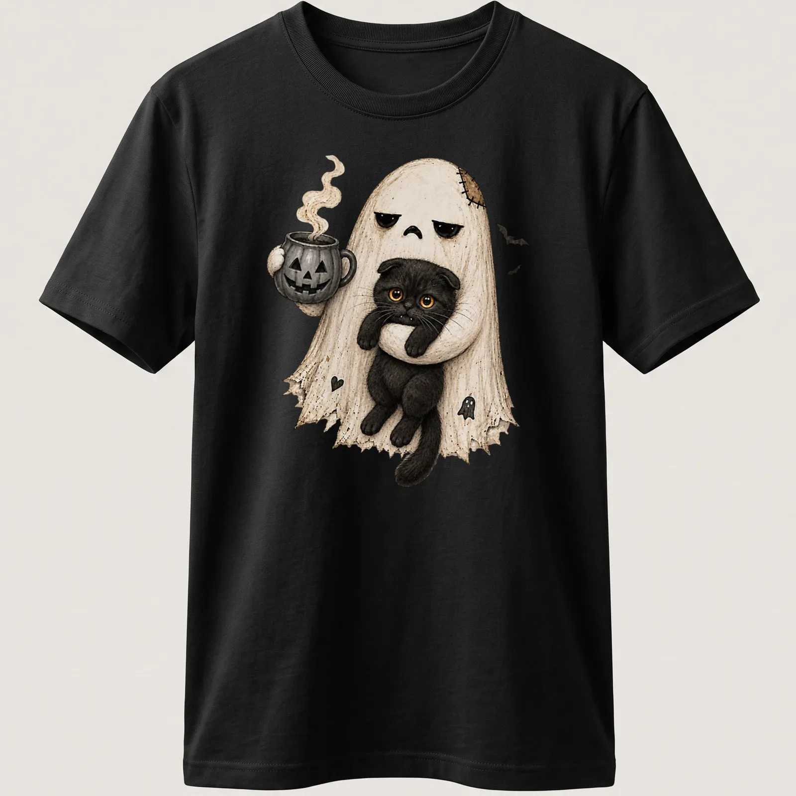 Cute illustration of a ghost holding a black cat and pumpkin coffee in Halloween colors — printed on a unisex t-shirt