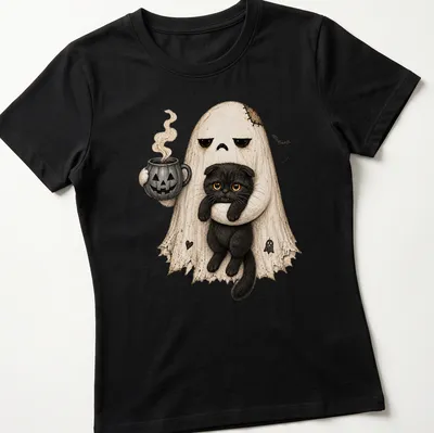Cute illustration of a ghost holding a black cat and pumpkin coffee in Halloween colors — printed on a women's shirt