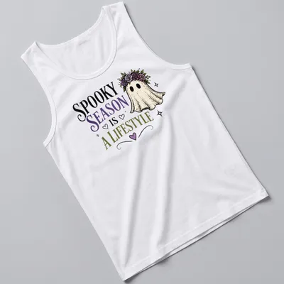 Whimsical ghost with floral crown and colorful text celebrating spooky season. — printed on a tank top