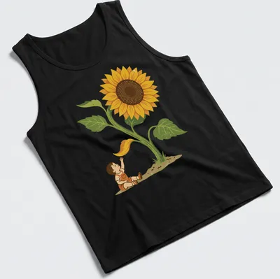 Vintage botanical toddler t-shirt with a giant sunflower and text that says Watch Me Grow — printed on a tank top