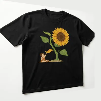 Vintage botanical toddler t-shirt with a giant sunflower and text that says Watch Me Grow — printed on a unisex t-shirt (angled view)