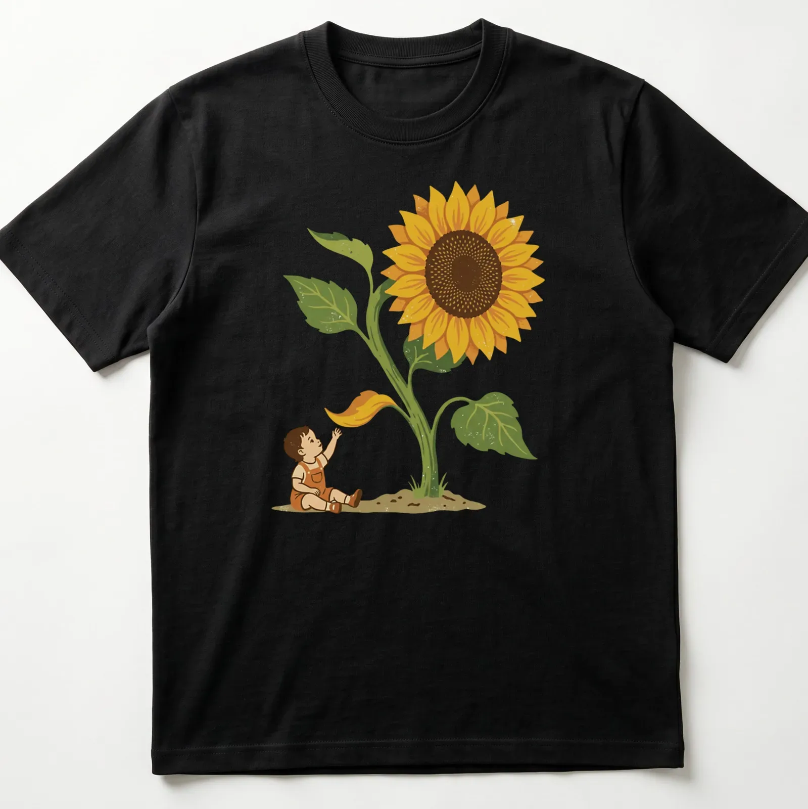 Vintage botanical toddler t-shirt with a giant sunflower and text that says Watch Me Grow — printed on a unisex t-shirt